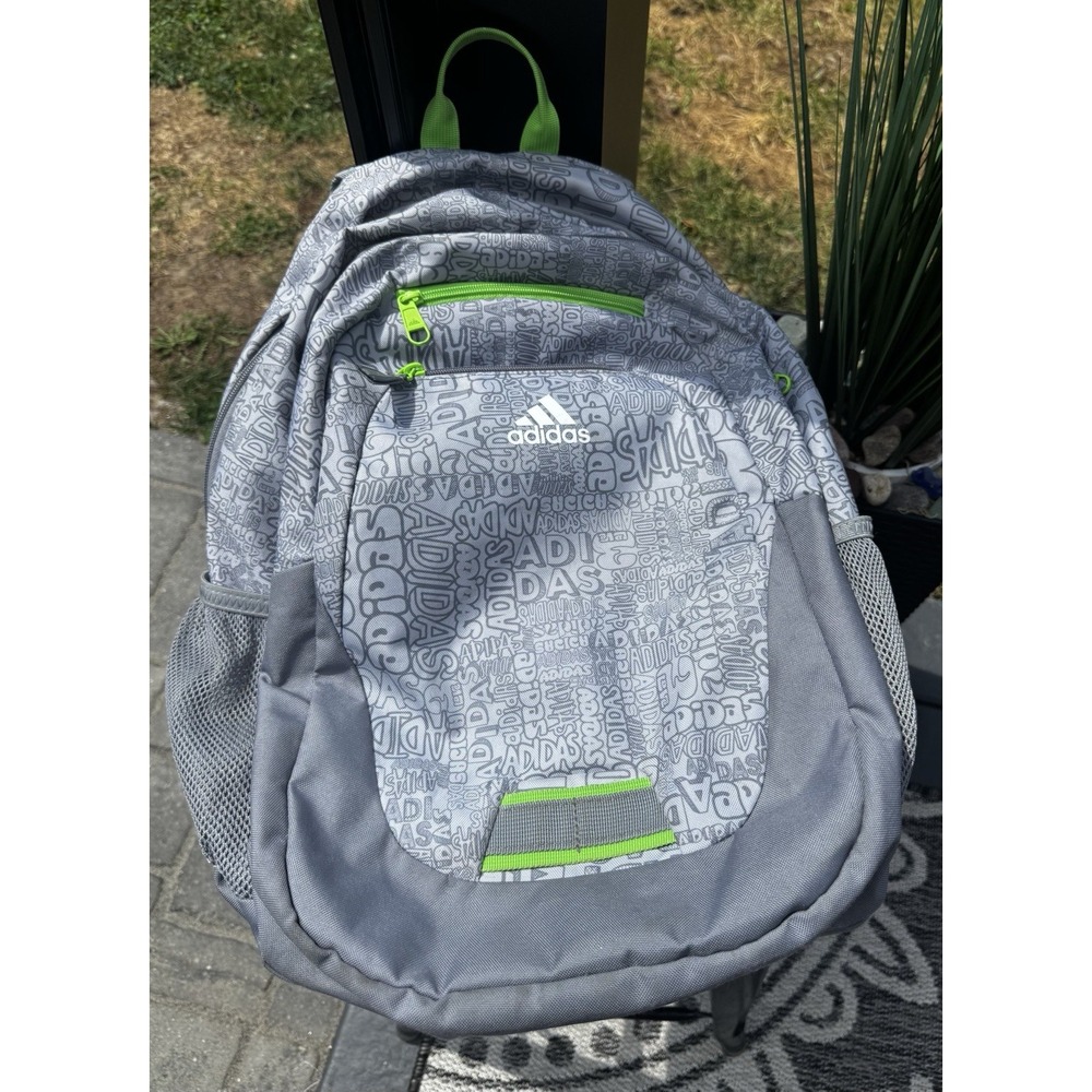 Adidas Backpack Gray Graffiti Logo Print Neon Green School Laptop Back Pack